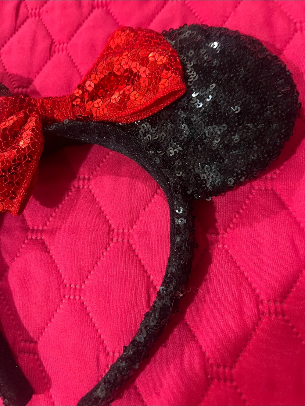 Black Sequin Mouse Ear Headband with Red Sequin Bow - Picture 3 of 10